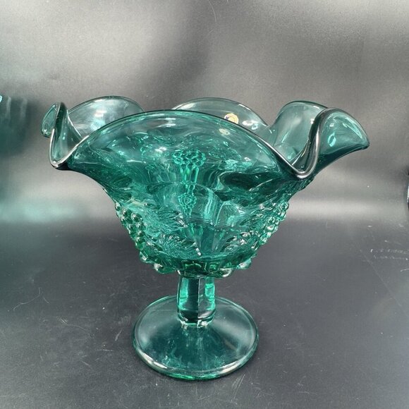 Westmoreland Laurel Green Paneled Grape Pedestal Compote Bowl Dish W Sticker VTG - Picture 14 of 14